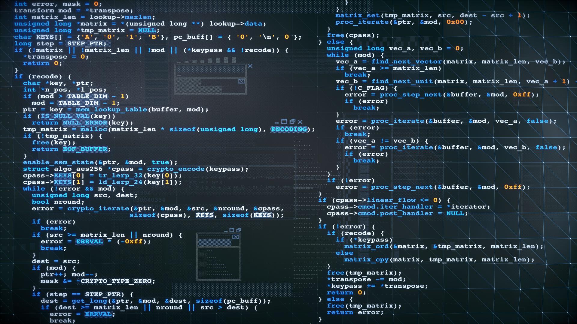 Multi-colored programming language source code design example. Front view composition, on a dark blue surface with triangle grid pattern overlay and GUI.